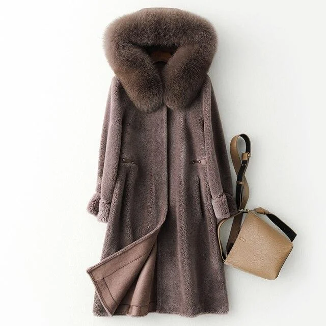 Winter Women's Solid Natural Sheep Shearing Fox Fur Hooded Coats & Jackets