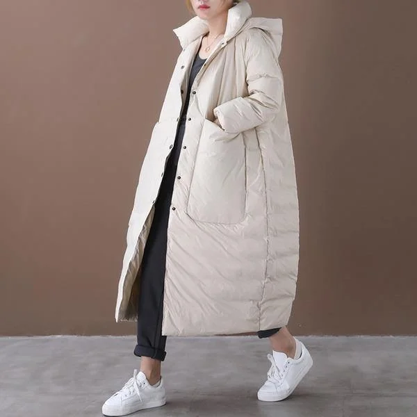 Women Beige Warm Winter Down Coats Hooded Pockets Wide-waisted Female Long Down Coats