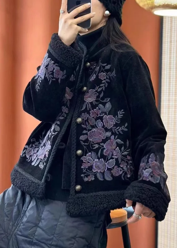 Women Black Embroideried Button Cotton Filled Coats Long Sleeve