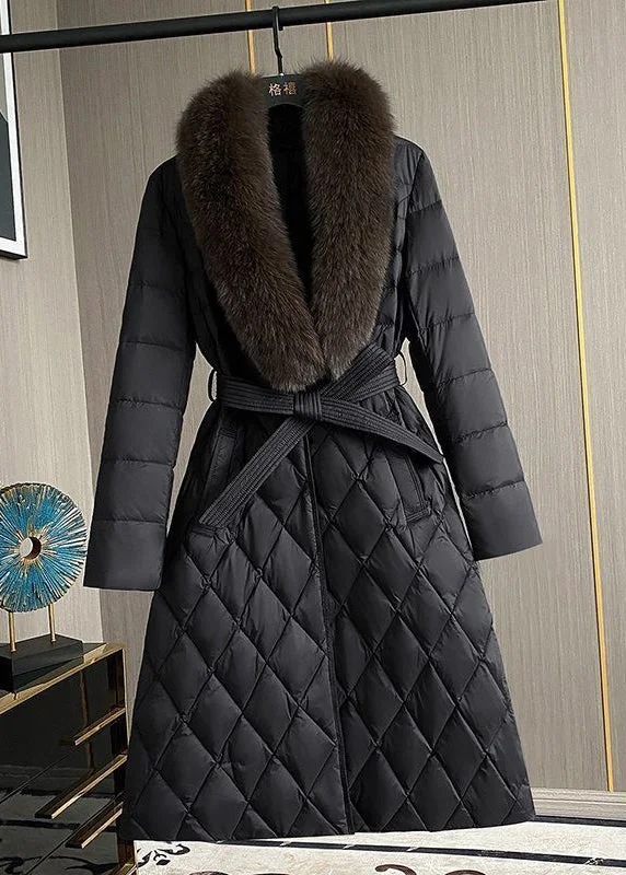 Women Black Fox Collar Slim Fit Duck Down Puffers Jackets Winter