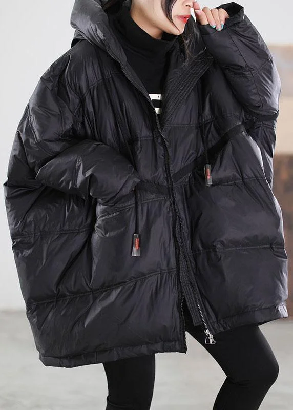 Women Black Hooded drawstring Duck Down Down Jacket Winter