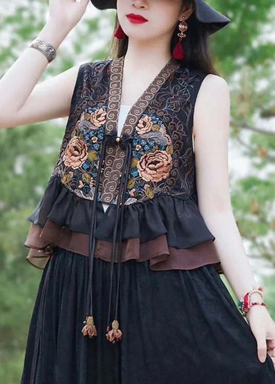 Women Black Ruffled Tasseled Patchwork Silk Waistcoat Sleeveless