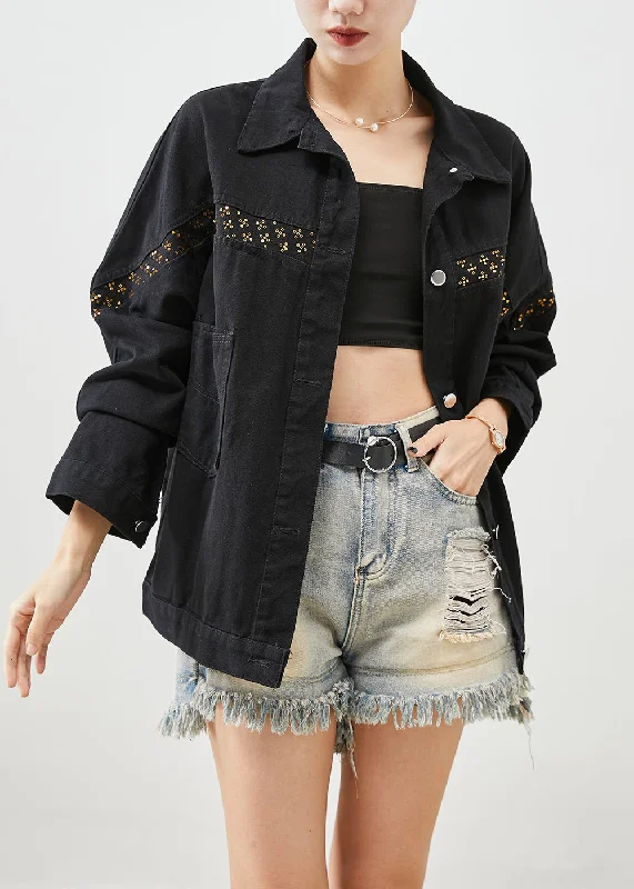 Women Black Sequins Patchwork Denim Coats Fall