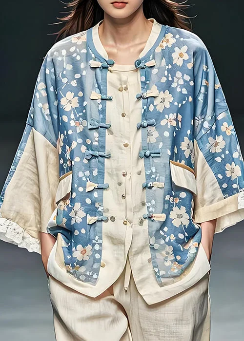 Women Blue Print Chinese Button Patchwork Cotton Coats Fall