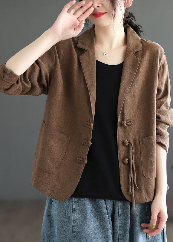 Women Brown Tasseled Button Pockets Patchwork Linen Coats Fall