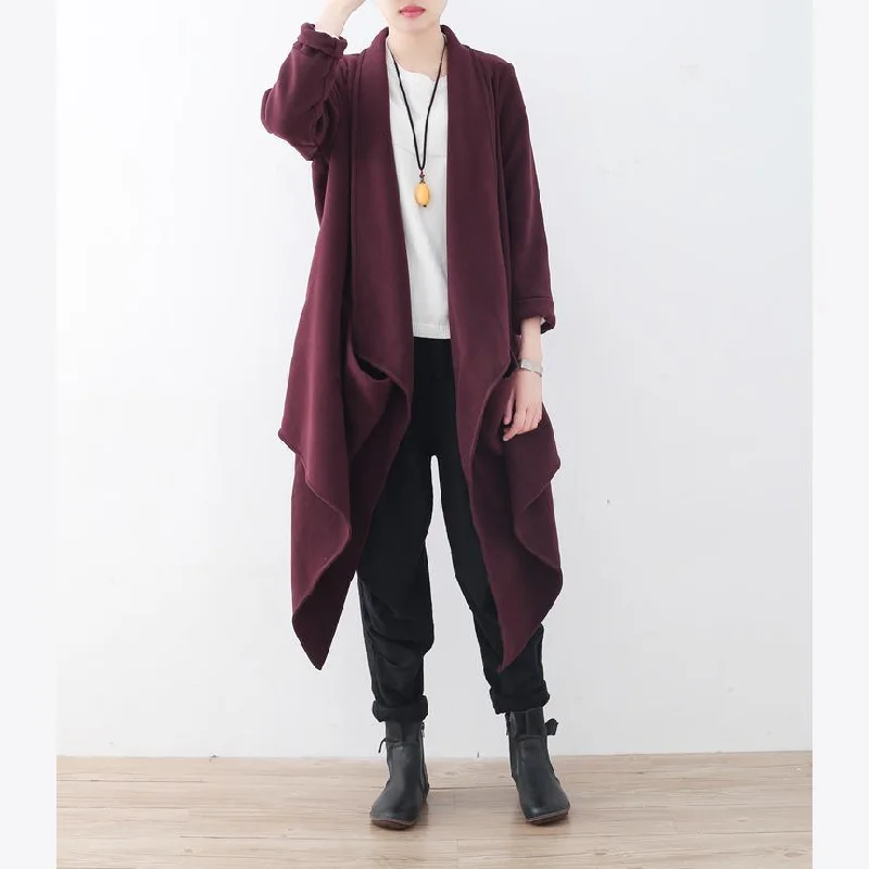 women burgundy wool jackets Loose fitting Winter coat 2017  long coats asymmetric hem