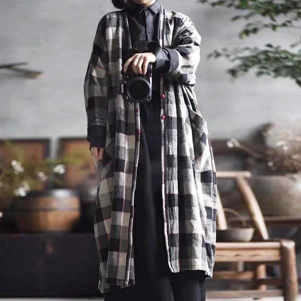 Women Cotton Linen Trench Vintage Coats Pockets Plaid Long Sleeve Casual Women Cloths V-neck Trench