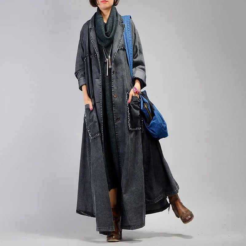 women denim black coat for casual maxi coat Notched women patchwork pockets coats