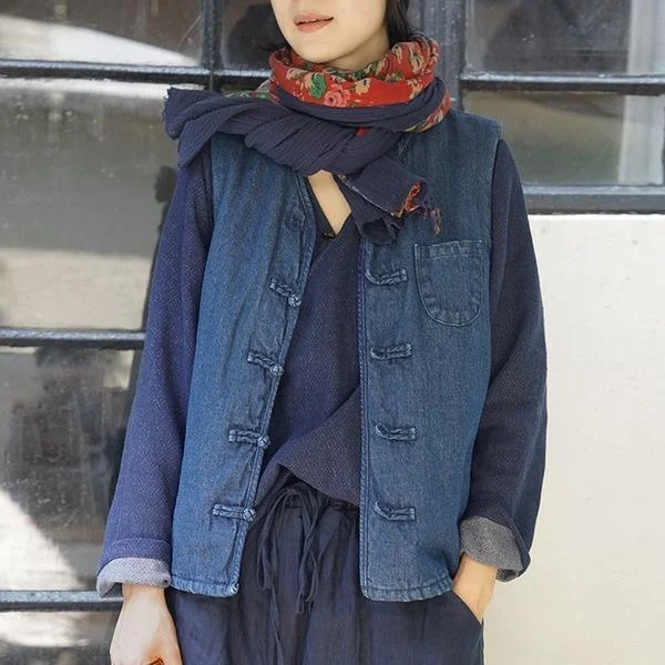 Women Denim Vests Coats Vintage Button Pockets V-Neck Sleeveless Female Vests Coats