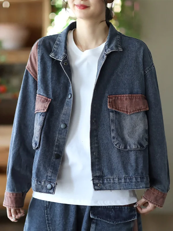 Women Fall Retro Patchwork Button Pocket Denim Coat