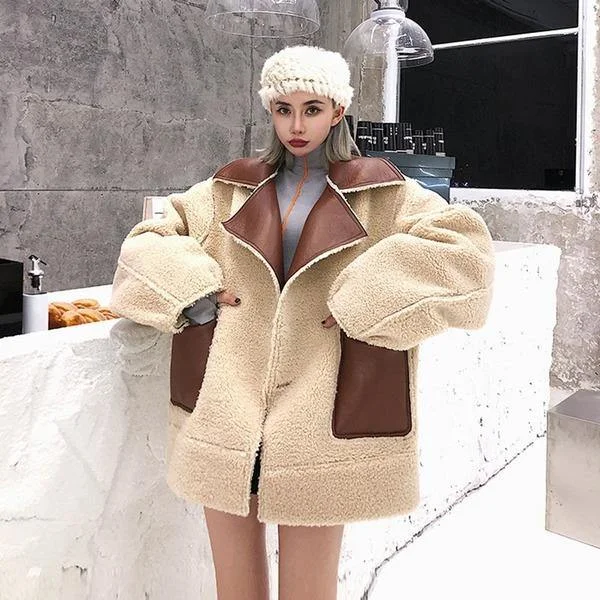 Women Fashion Faux Leather Fashion New Women Pocket Full Sleeve 2020 Winter Patchwork Elegant Loose Coat Top