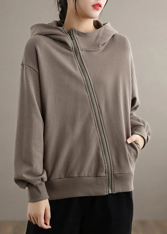 Women Gray Chocolate Fine Coat Shape Hooded Zippered Spring Coats