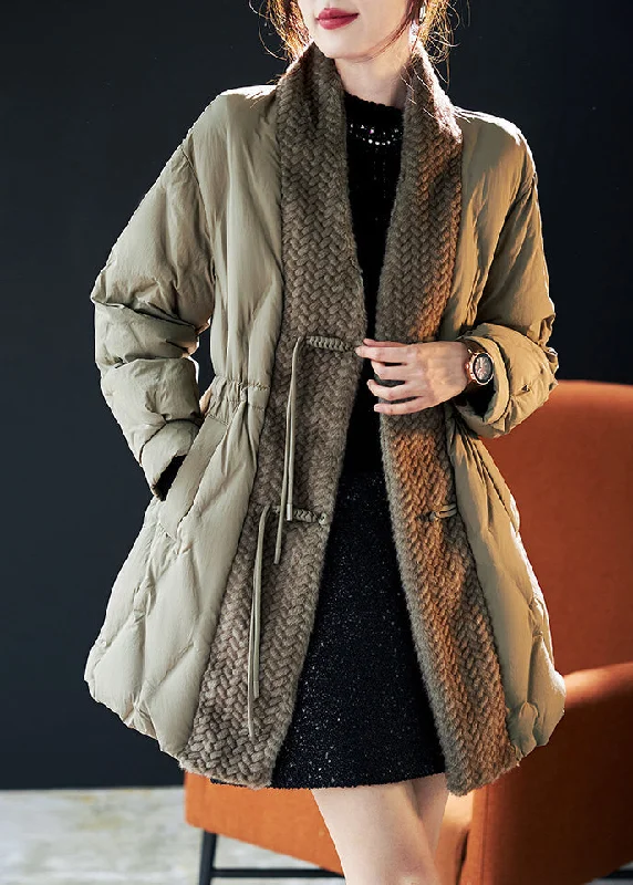 Women Green Chinese Button Patchwork Duck Down Puffers Jackets Winter