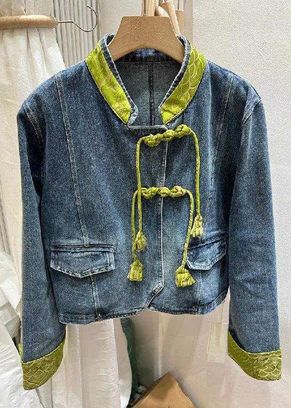 Women Green Stand Collar Chinese Button Denim Coat Spring