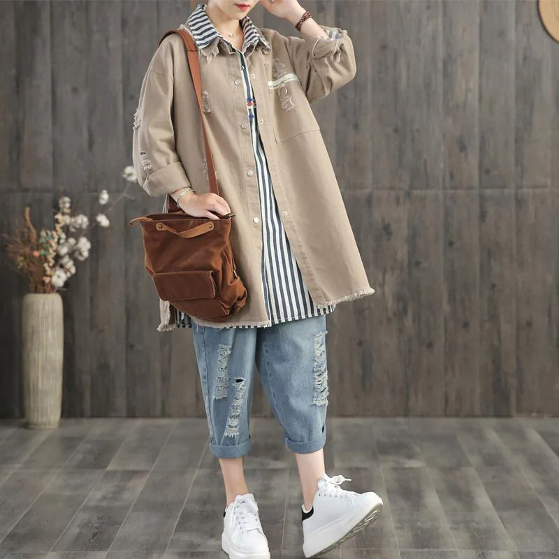 women khaki big pockets Coats Loose fitting mid-length coats fall outwear side open