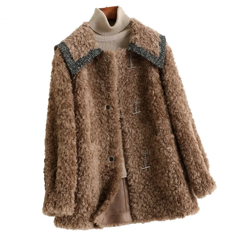 Women Korean Fashion Real Wool Fur Turn Down Collar Hook Coats