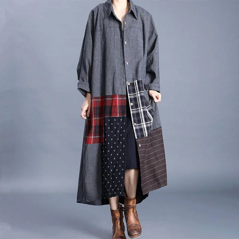 Women lapel patchwork Fashion casual coats women gray loose outwears