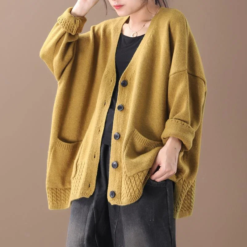 Women Loose Knit V-neck Cotton Cardigan Coat