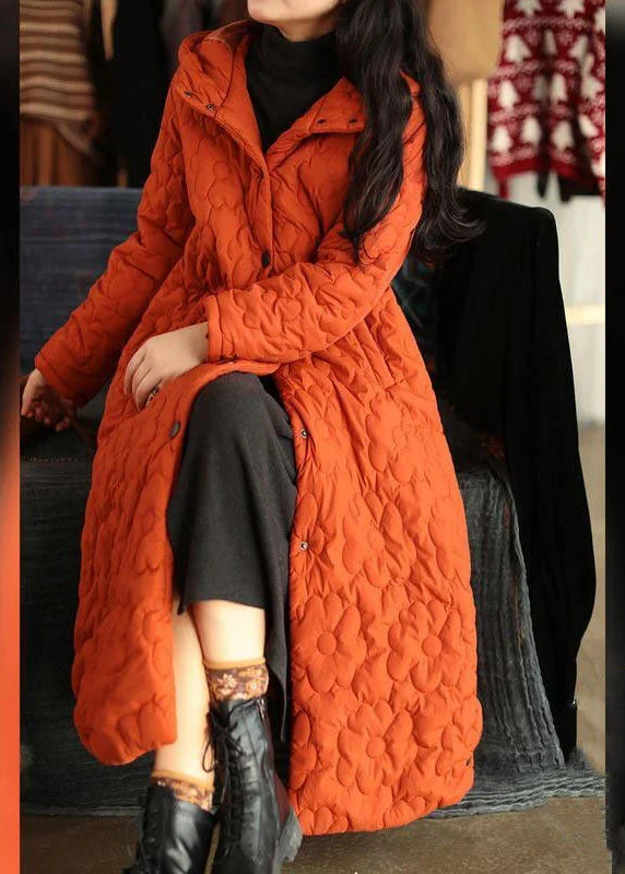 Women Orange Hooded Solid Color Fine Cotton Filled Puffers Jackets Winter