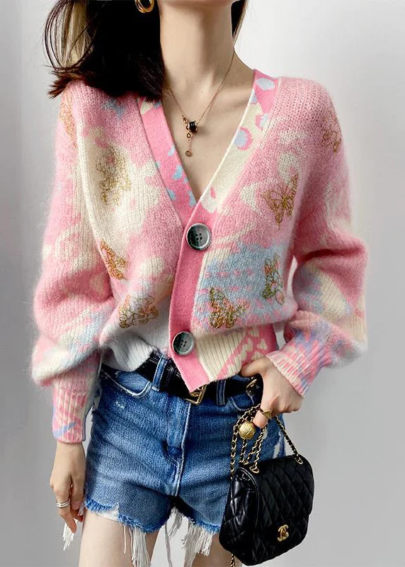 Women Pink V Neck Button Patchwork Cotton Knit Coats Long Sleeve