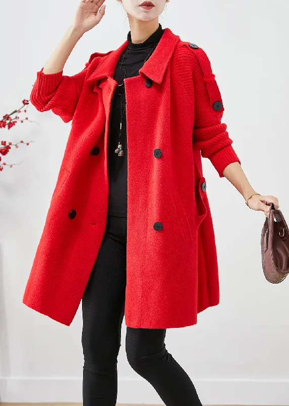 Women Red Oversized Knit Patchwork Woolen Coat Fall