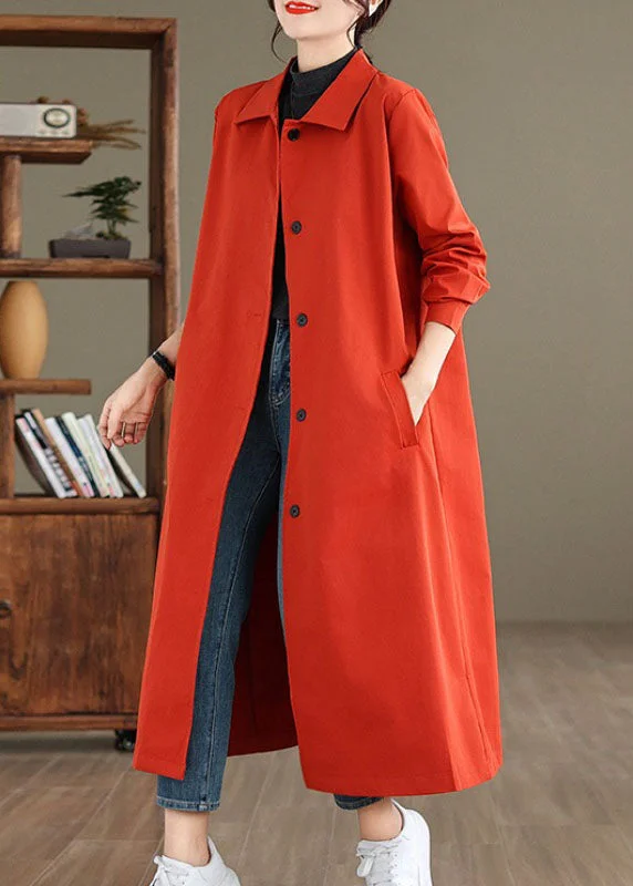 Women Red Peter Pan Collar Pockets Long Trench Coat Long Sleeve