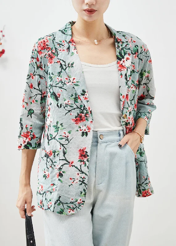 Women Slim Fit Plum Blossom Print Pockets Linen Coats Half Sleeve