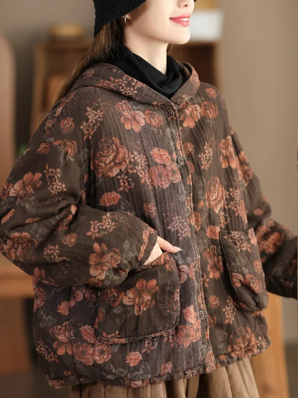 Women Vintage Flower Hooded Cotton Coat