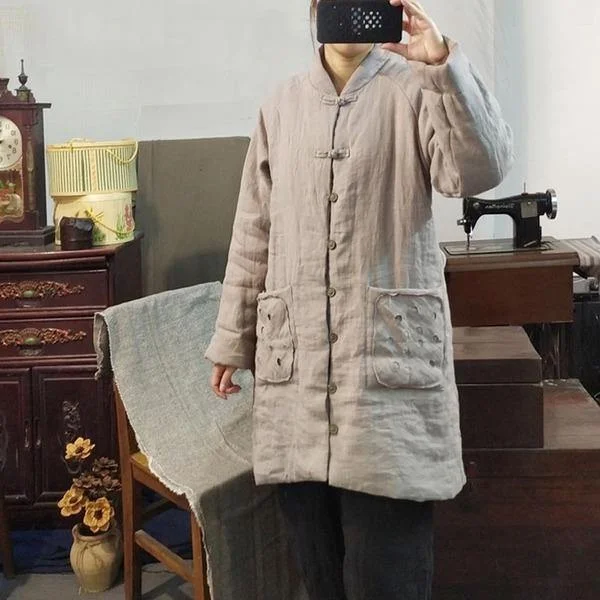 Women Vintage Linen Parkas Stand Long Sleeve Winter Coats