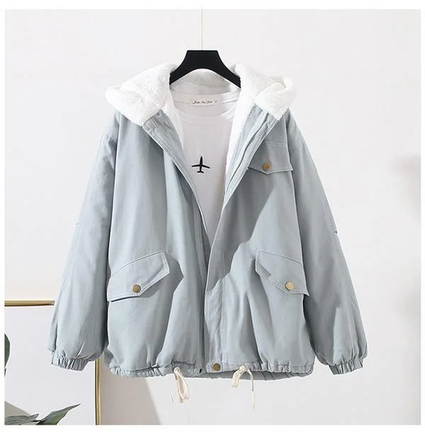 Women Winter Cotton Padded Jackets Hooded BF Tooling Cotton Lamb Wool Coat