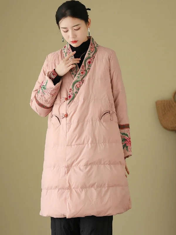 Women Winter Ethnic Embroidery Long Down Coat