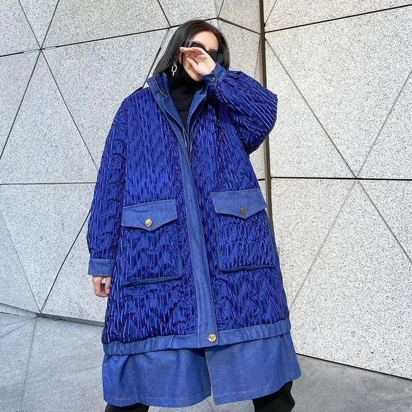 Women Winter The New Contrast Color Loose Pockets Street Trendy Stand Collar Parka Coat