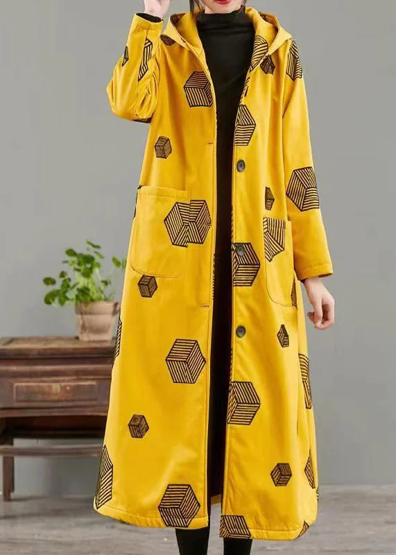 Women Yellow Hooded Pockets Print Warm Fleece Coat Winter