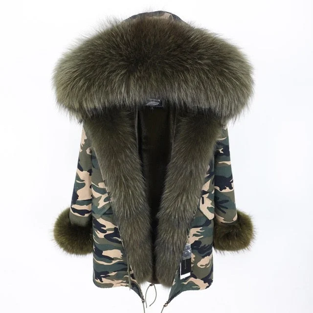 Women's Army Green Color Natural Fox Fur Collared Thick Warm Jacket for Winter