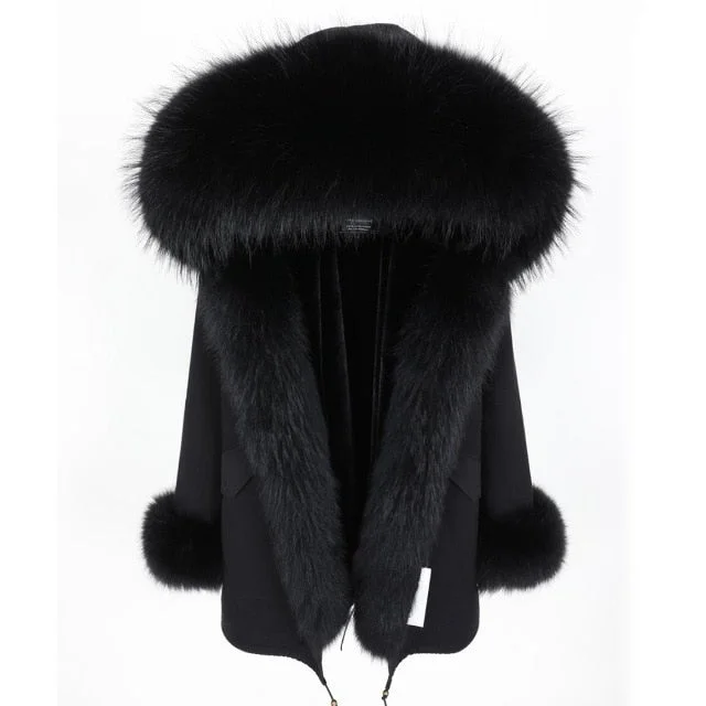 Women's Black Color Natural Racoon Fur Collared Coat Parka Jacket for Winter