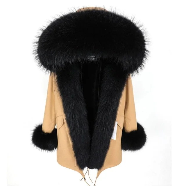 Women's Black Natural Fur Collared Thick and War Parka Jacket for Winter