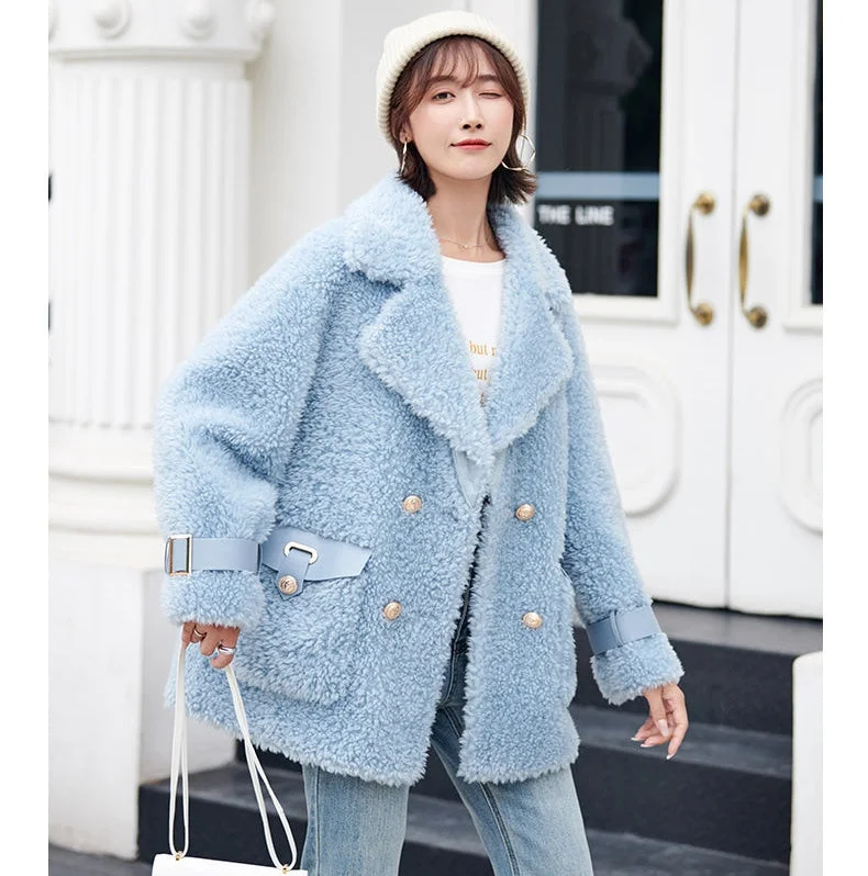 Women's Casual 100% Real Wool Shearling Jacket for Autumn and Winter