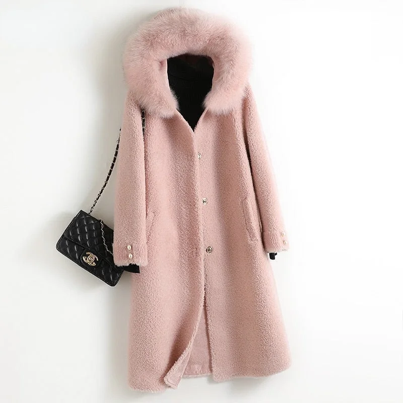 Women's Fox Fur Hooded Wool Wide-waisted Elegant Long Sleeve Coats