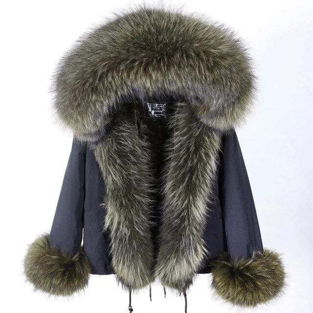 Women's High Street Style Long-Sleeved Racoon Fur Collar Winter Jacket