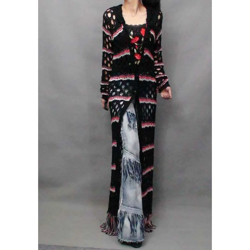 Women's Hollow Out Striped Long Maxi Trench With A Hood Tassels