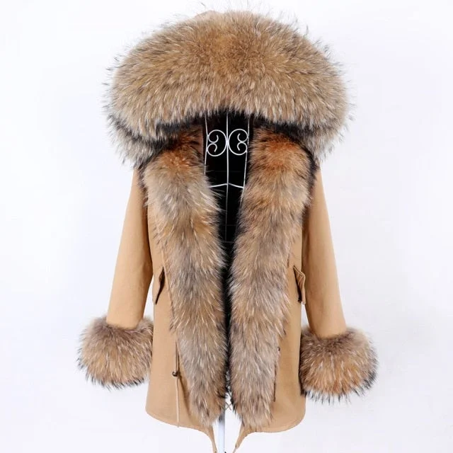 Women's Khaki Color Natural Real Fur Collared Coat Parka Jacket for Winter