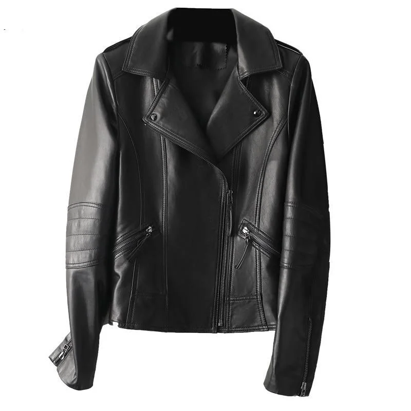 Women's Korean Genuine Sheepskin Leather Short Motorcycle Jacket