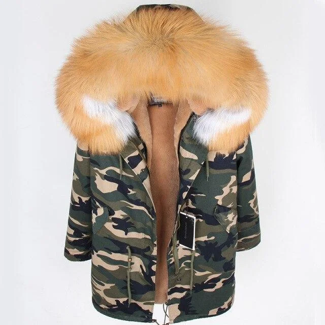 Women's Large Hooded Long Detachable Fox Fur Leather Lining Coats & Jackets