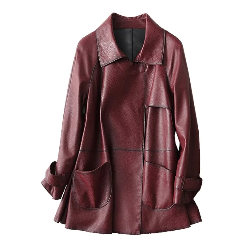 Women's Motorcycle Sheepskin Genuine Leather Mid-length Jacket