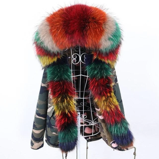 Women's Multicolor Natural Raccoon Fur Collared Camo Winter Jacket