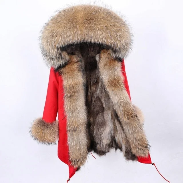 Women's Natural Raccoon Fur Collar Hood and Sleeves Long Winter Jacket