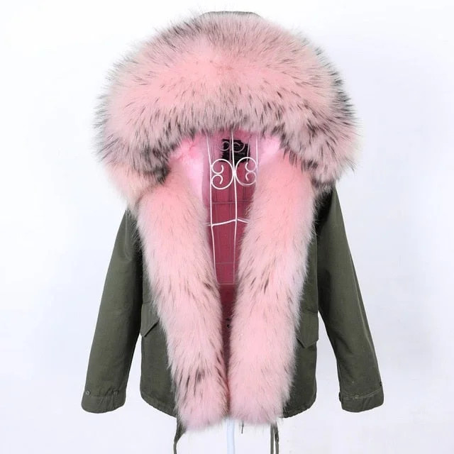 Women's Natural Raccoon Fur Collared Thick Winter Jacket with Zipper