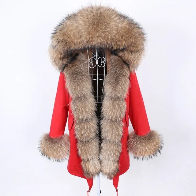 Women's Red Color Real Fox Fur Collar Hooded Long-Sleeved Winter Jacket