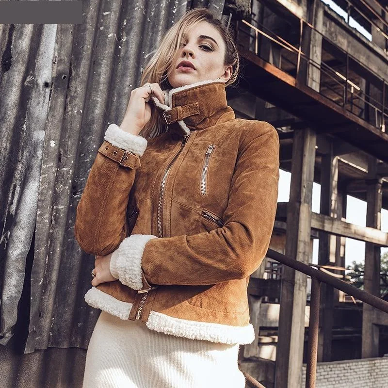 Women's Retro Style Faux Fur Shearling Autumn Winter Leather Jacket