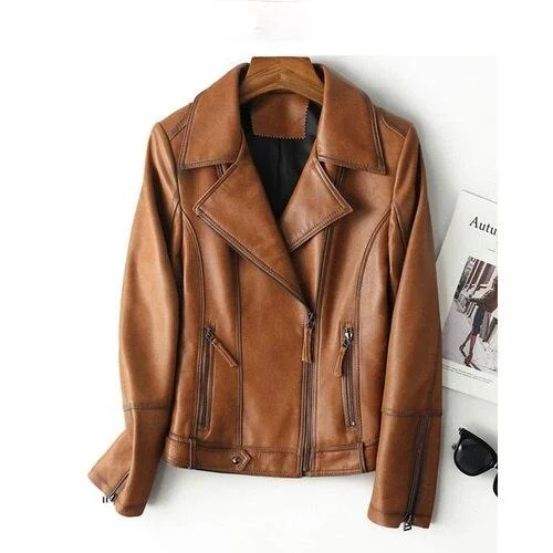 Women's Short Korean Outerwear Genuine Sheepskin Jacket for Autumn